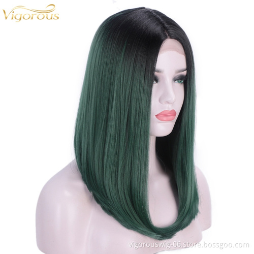 Vigorous synthetic hair full wig lace cheap good quality ombre green color long straight hair heat resistant women cosplay use